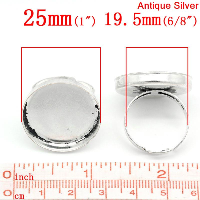 Picture of Brass Adjustable Cabochon Settings Rings Round Antique Silver Color (Fits 25mm Dia) 19.5mm( 6/8")(US Size 9.5), 10 PCs