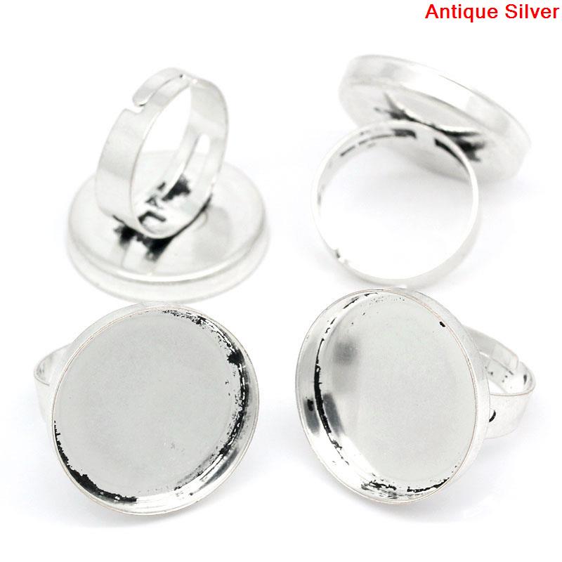 Picture of Brass Adjustable Cabochon Settings Rings Round Antique Silver Color (Fits 25mm Dia) 19.5mm( 6/8")(US Size 9.5), 10 PCs