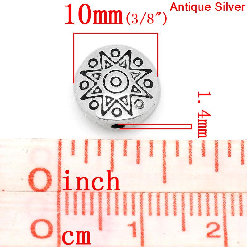 Picture of Spacer Beads Round Antique Silver Color Sun Pattern Carved 10mm Dia,Hole:Approx 1.4mm,50PCs
