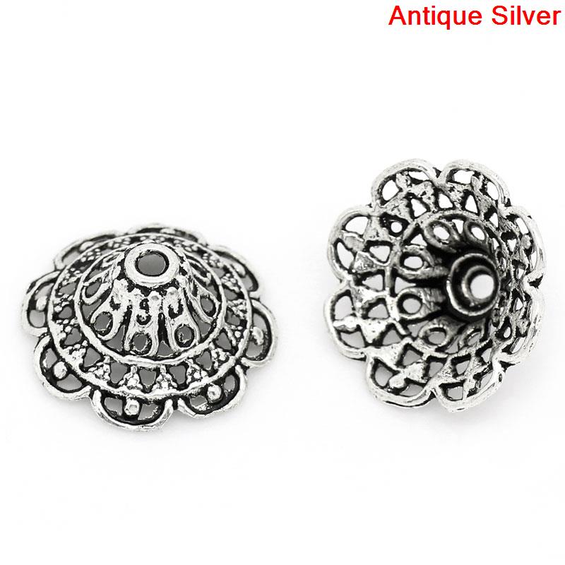 Bild von Zinklegierung Filigran Perlkappen Blumen Antik Silber für 24mm Perlen 18mm x 18mm 50 Stück