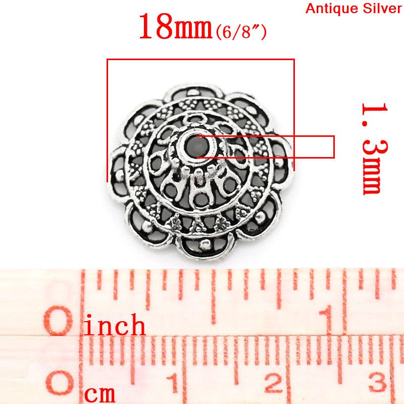 Bild von Zinklegierung Filigran Perlkappen Blumen Antik Silber für 24mm Perlen 18mm x 18mm 50 Stück