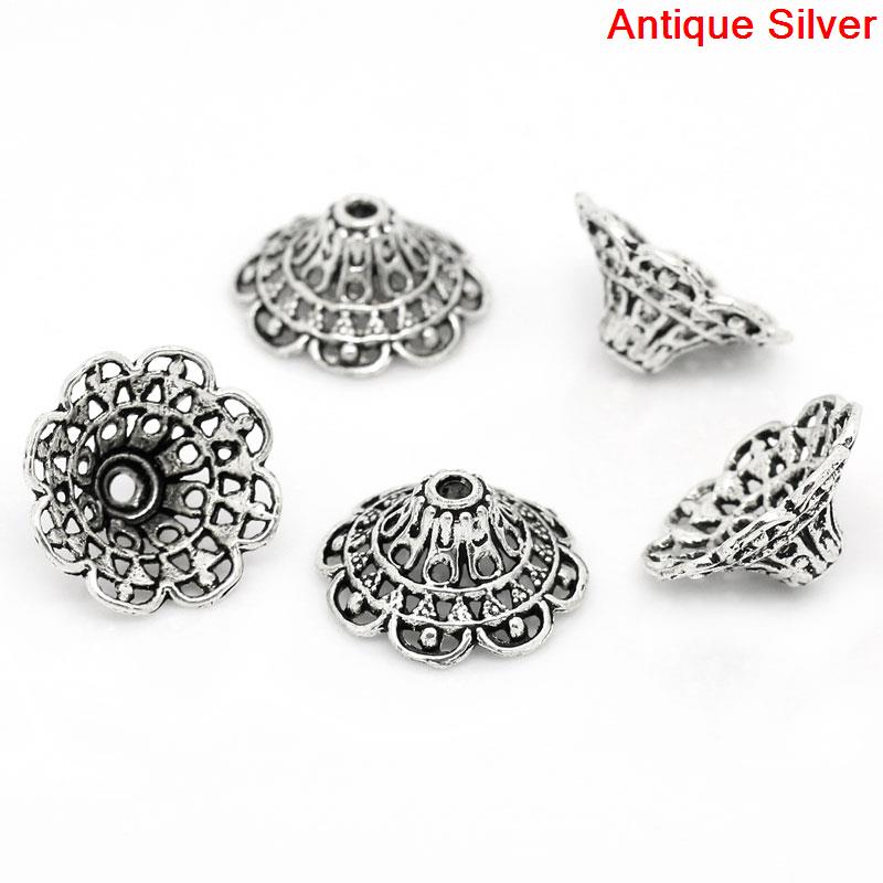 Bild von Zinklegierung Filigran Perlkappen Blumen Antik Silber für 24mm Perlen 18mm x 18mm 50 Stück