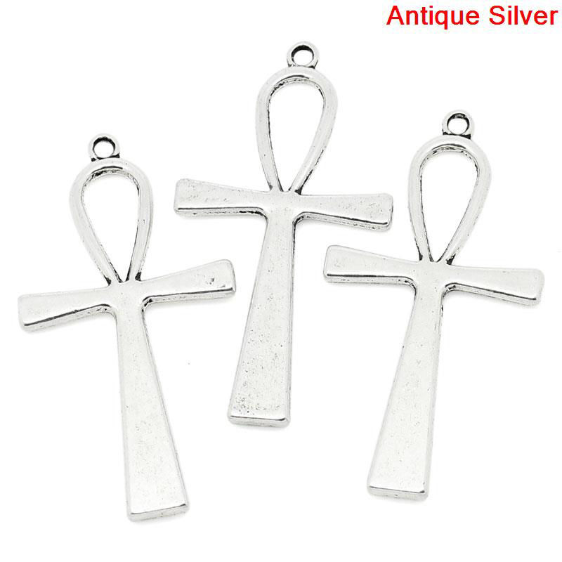 Picture of Zinc Based Alloy Easter Pendants Ankh Egypt Cross Antique Silver Color 5.6cm x 2.9cm(2 2/8"x1 1/8"), 10 PCs