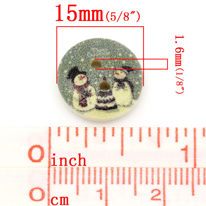 Image de Bouton de Couture en Bois 2 Trous Couleur Naturelle Rond Bonhomme de Neige de Noël 15mm Dia, 100 PCs