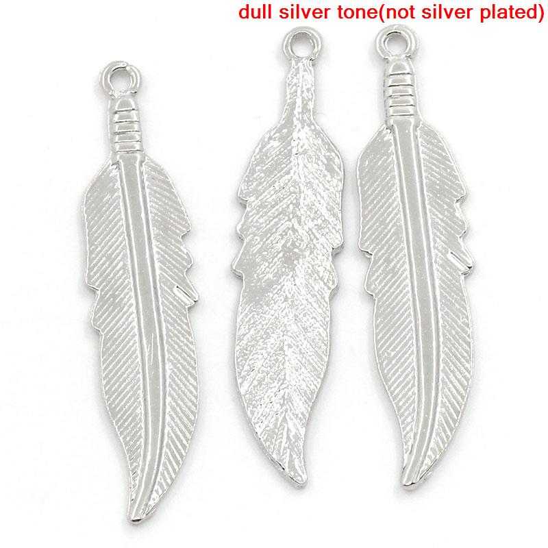 Picture of Zinc Based Alloy Pendants Silver Tone Feather 45mm x 11mm, 4 PCs