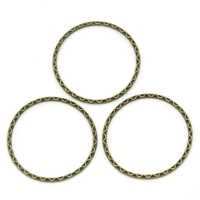 Picture of 30 PCs Zinc Based Alloy Connectors Charms Pendants Antique Bronze Circle Ring Wave 3.9cm x 3.7cm