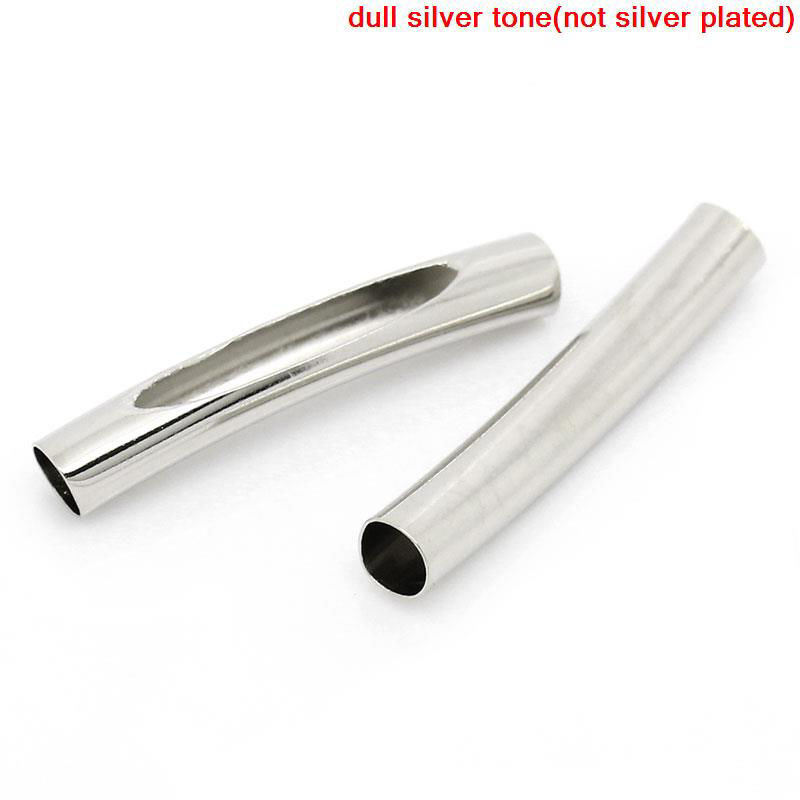 Picture of 6 PCs Brass Beads For DIY Jewelry Making Silver Tone Curved Tube 31mm x 5mm, Hole: Approx 4mm