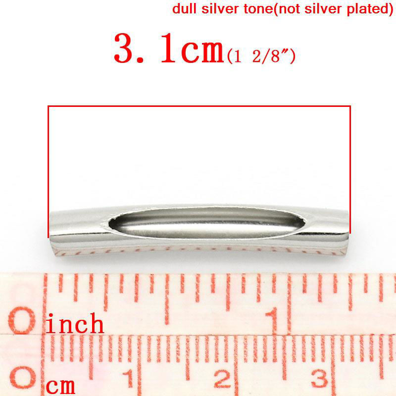 Picture of 6 PCs Brass Beads For DIY Jewelry Making Silver Tone Curved Tube 31mm x 5mm, Hole: Approx 4mm