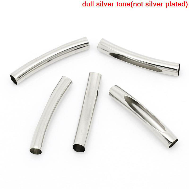 Picture of 6 PCs Brass Beads For DIY Jewelry Making Silver Tone Curved Tube 31mm x 5mm, Hole: Approx 4mm