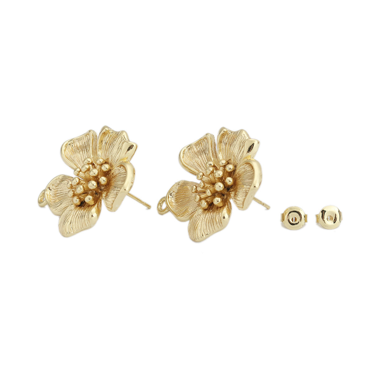 Picture of Zinc Based Alloy Ear Post Stud Earrings Findings Flower Gold Plated W/ Loop 25mm x 24mm, Post/ Wire Size: (21 gauge), 2 Pairs