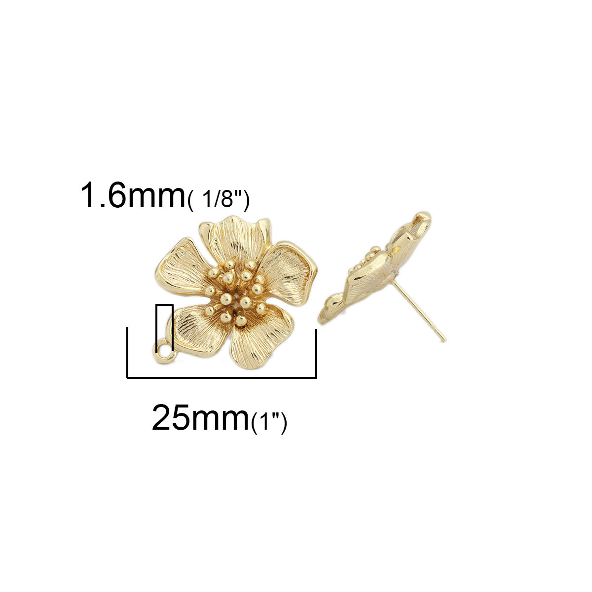 Picture of Zinc Based Alloy Ear Post Stud Earrings Findings Flower Gold Plated W/ Loop 25mm x 24mm, Post/ Wire Size: (21 gauge), 2 Pairs