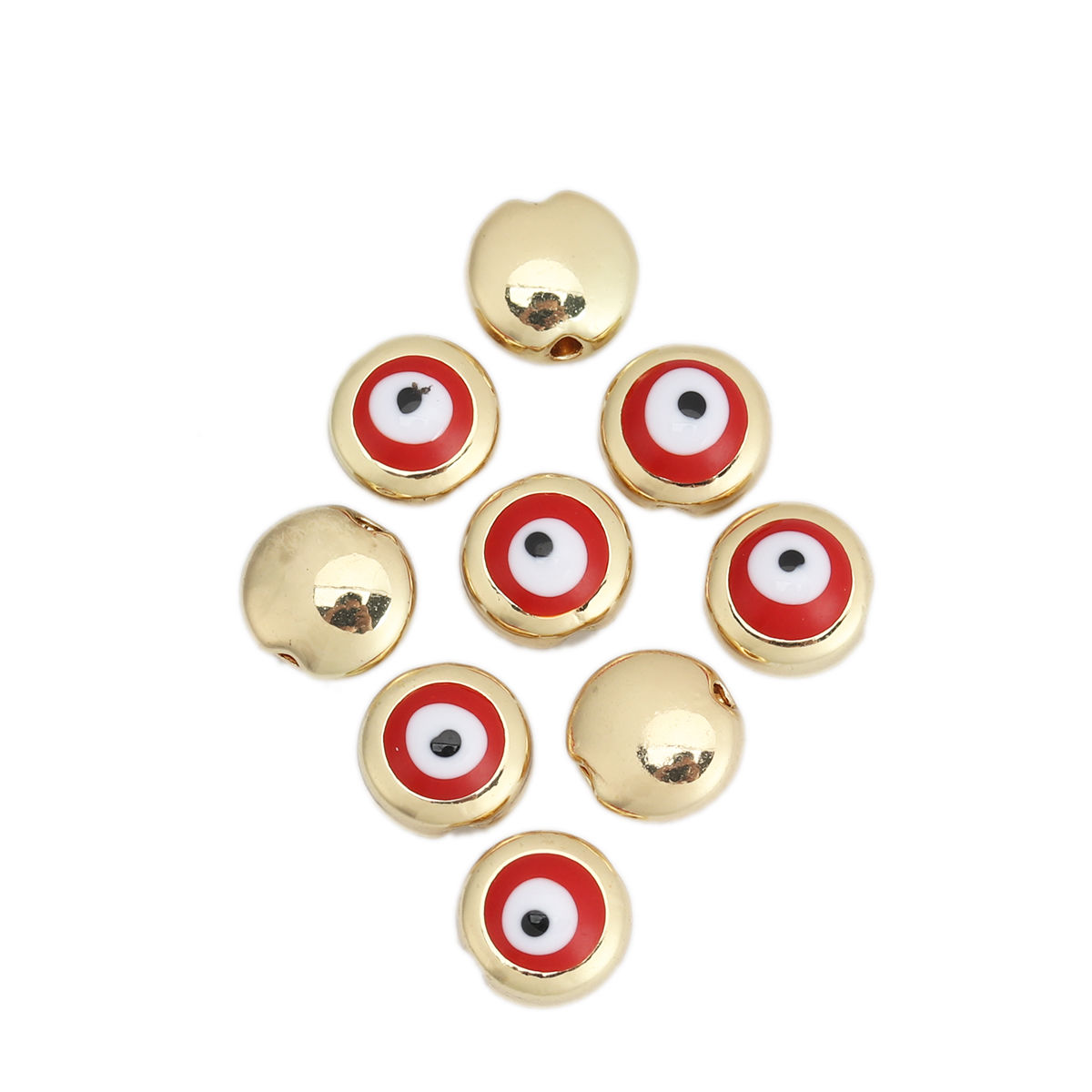 亜鉛合金 スペーサー ビーズ 円形 金メッキ 赤 邪眼柄 エナメル 約 8mm 直径、 穴：約 1.3mm、 10 個 の画像