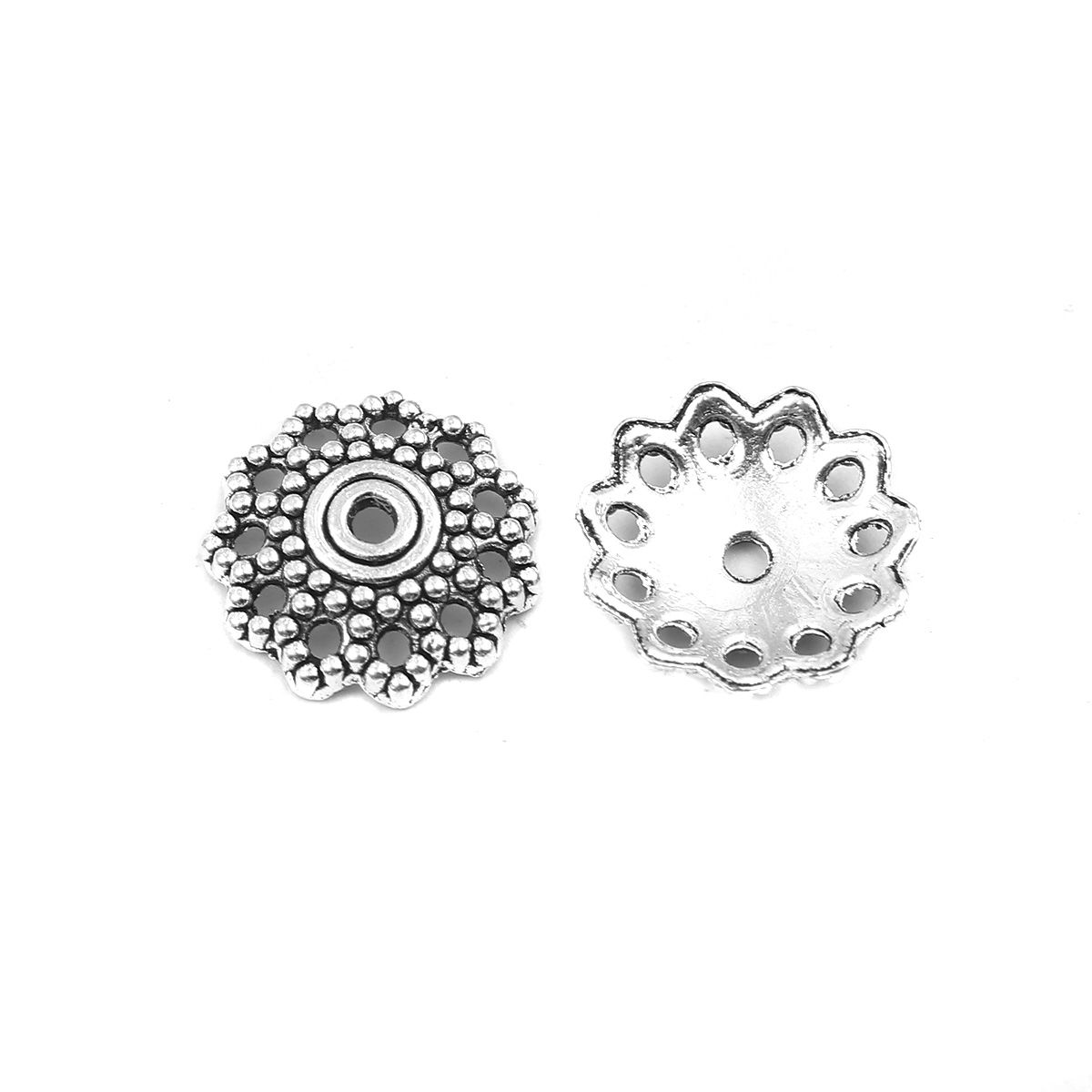 Bild von Zinklegierung Perlkappen Blumen Antiksilber (für Perlengröße: 18mm D.) 11mm x 11mm, 100 Stück