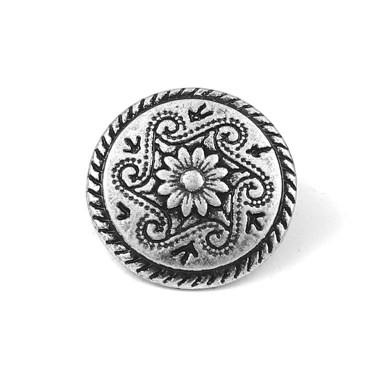 Picture of Zinc Based Alloy Sewing Shank Buttons Round Antique Silver Color Flower Carved 15mm Dia., 10 PCs