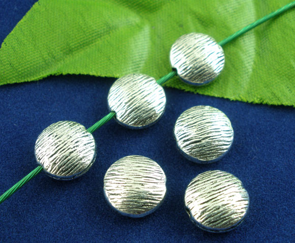 Picture of Zinc Based Alloy Spacer Beads Flat Round Antique Silver Color Stripe Carved About 10mm Dia, Hole:Approx 1.6mm, 30 PCs