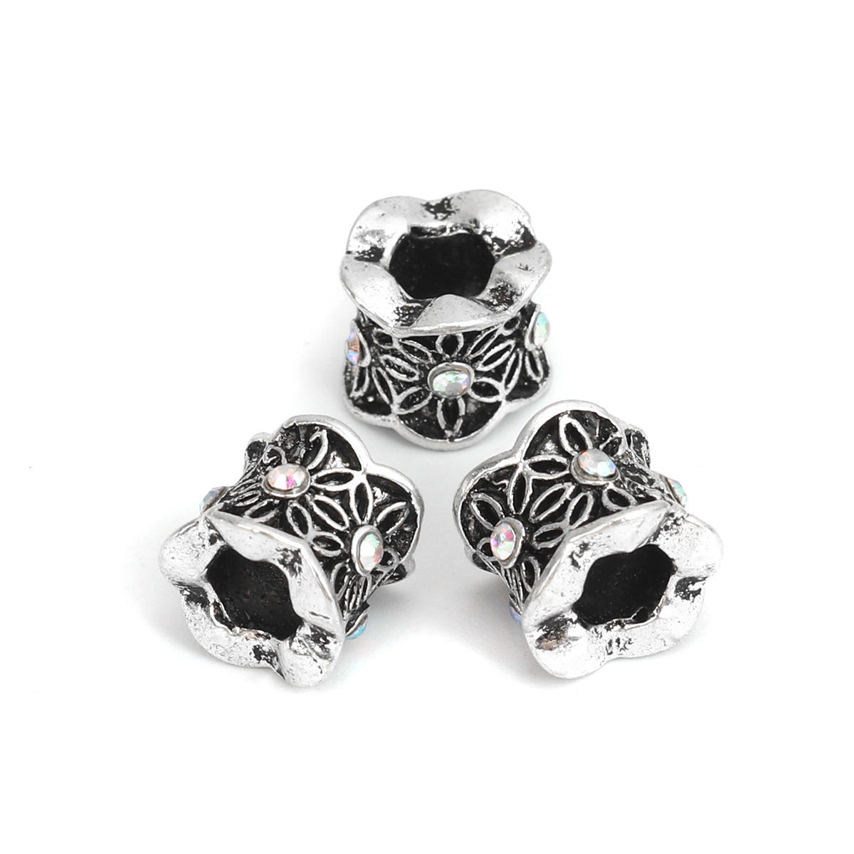 Imagen de Zamak Cuentas Cilíndrico Plata Antigua Flor AB Color Rhinestone Aprox 10mm x 9mm, Agujero: Aprox 5.1mm, 10 Unidades