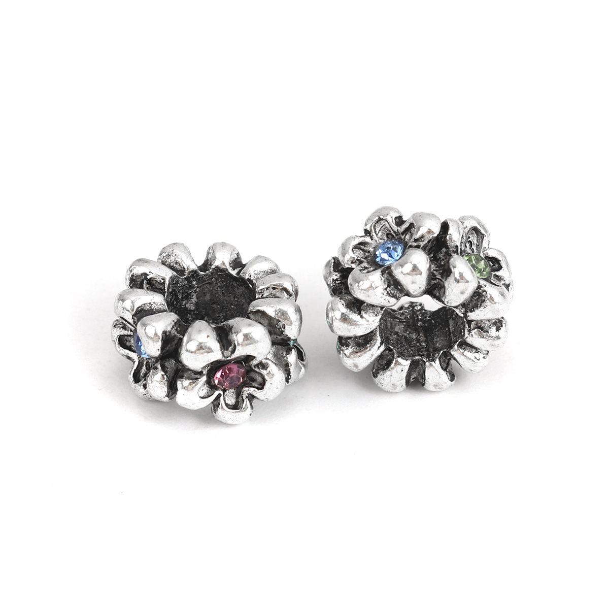 Imagen de Zamak Cuentas Ronda Plata Antigua Flor Multicolor Rhinestone Hueco Aprox 12mm Dia, Agujero: Aprox 5.1mm, 10 Unidades
