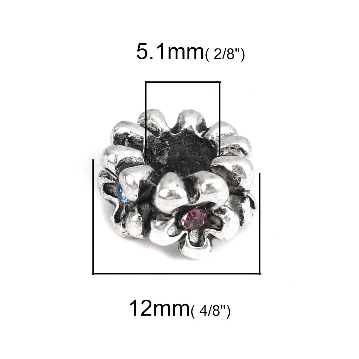 Imagen de Zamak Cuentas Ronda Plata Antigua Flor Multicolor Rhinestone Hueco Aprox 12mm Dia, Agujero: Aprox 5.1mm, 10 Unidades