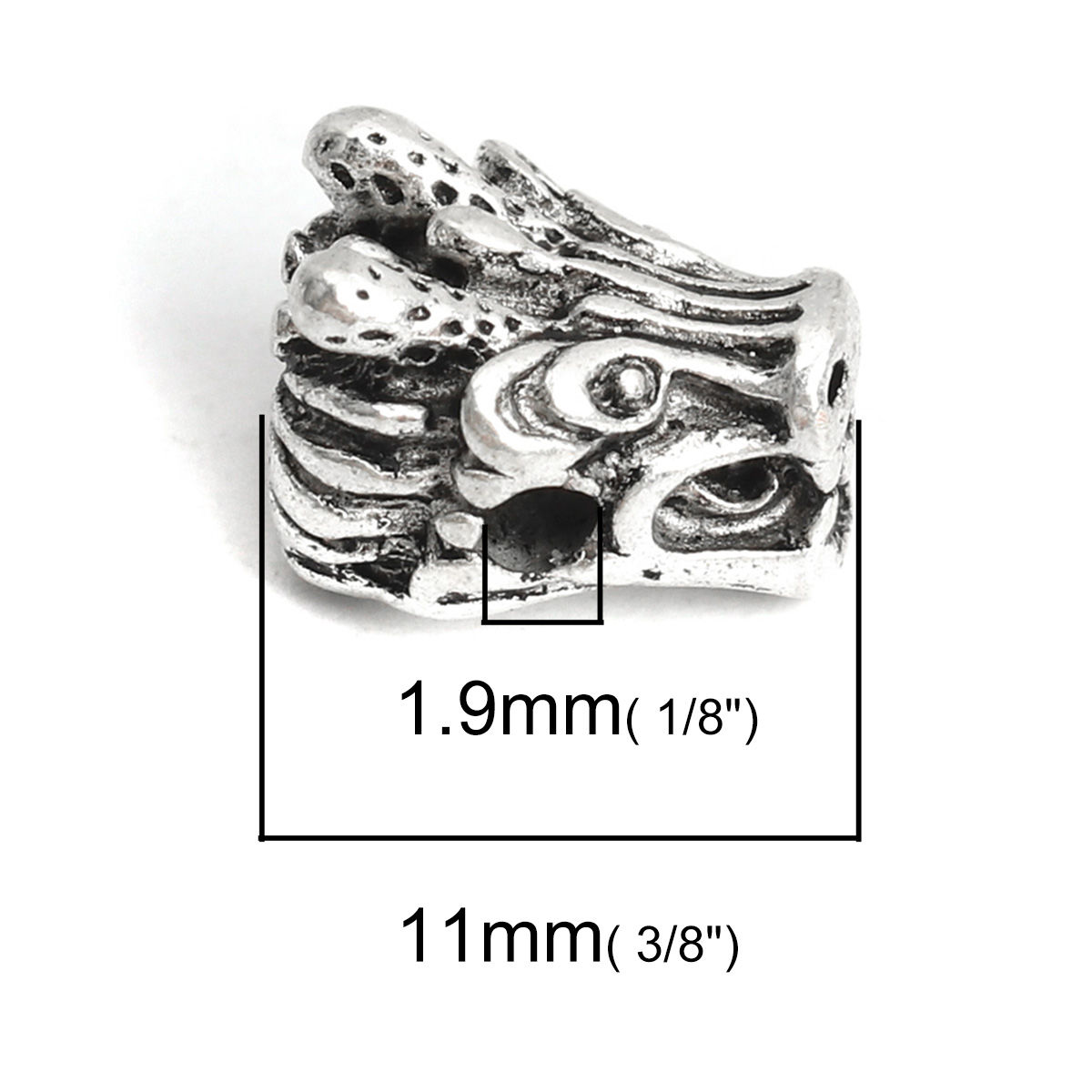 Picture of Zinc Based Alloy Beads Dragon Antique Silver Color About 11mm x 9mm, Hole: Approx 1.9mm, 10 PCs
