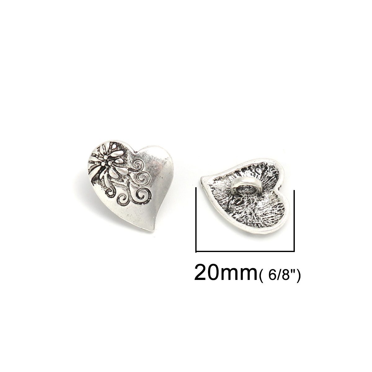 Bild von Zinklegierung Ösenknöpfe Herz Antiksilber Blumen Geschnitzt 20mm x 17mm, 10 Stück