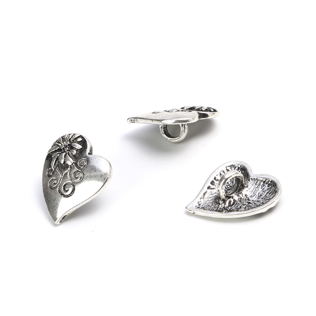 Bild von Zinklegierung Ösenknöpfe Herz Antiksilber Blumen Geschnitzt 20mm x 17mm, 10 Stück