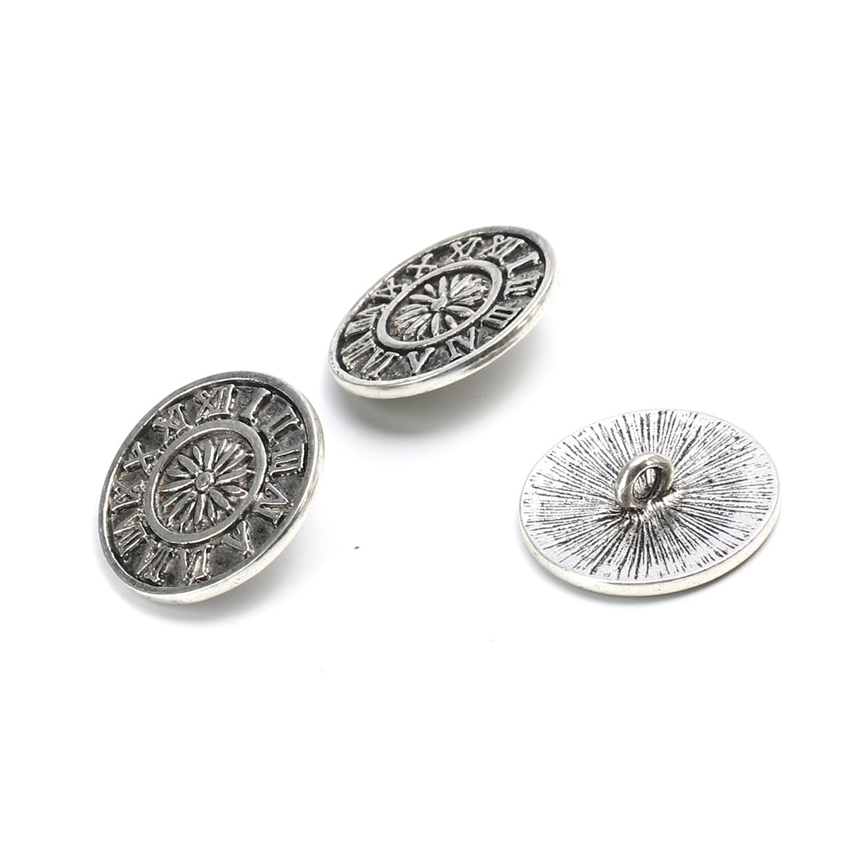 Picture of Zinc Based Alloy Sewing Shank Buttons Round Antique Silver Color Flower Carved 23mm Dia., 10 PCs