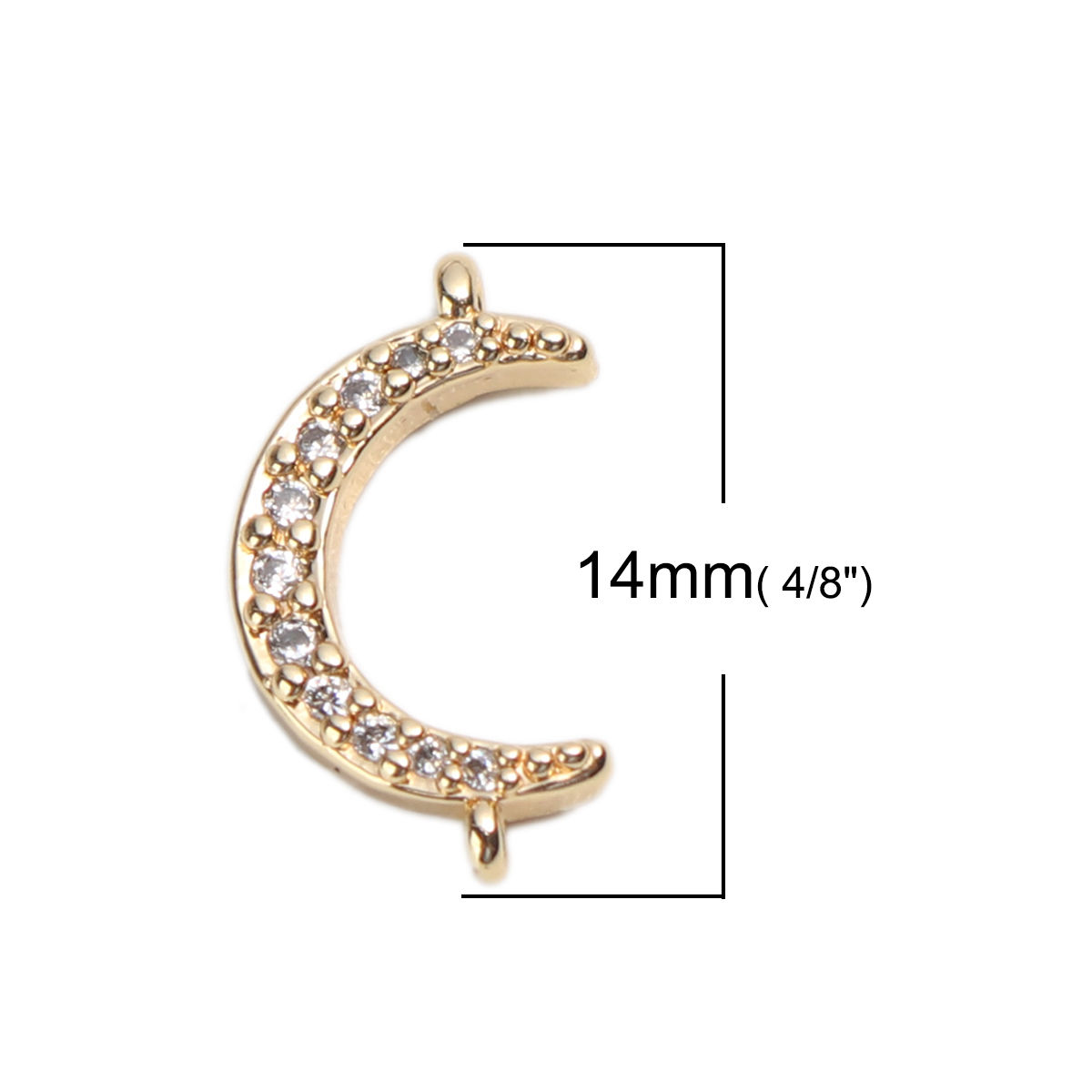 Picture of Brass Connectors Half Moon 18K Real Gold Plated Clear Rhinestone 14mm x 8mm, 2 PCs