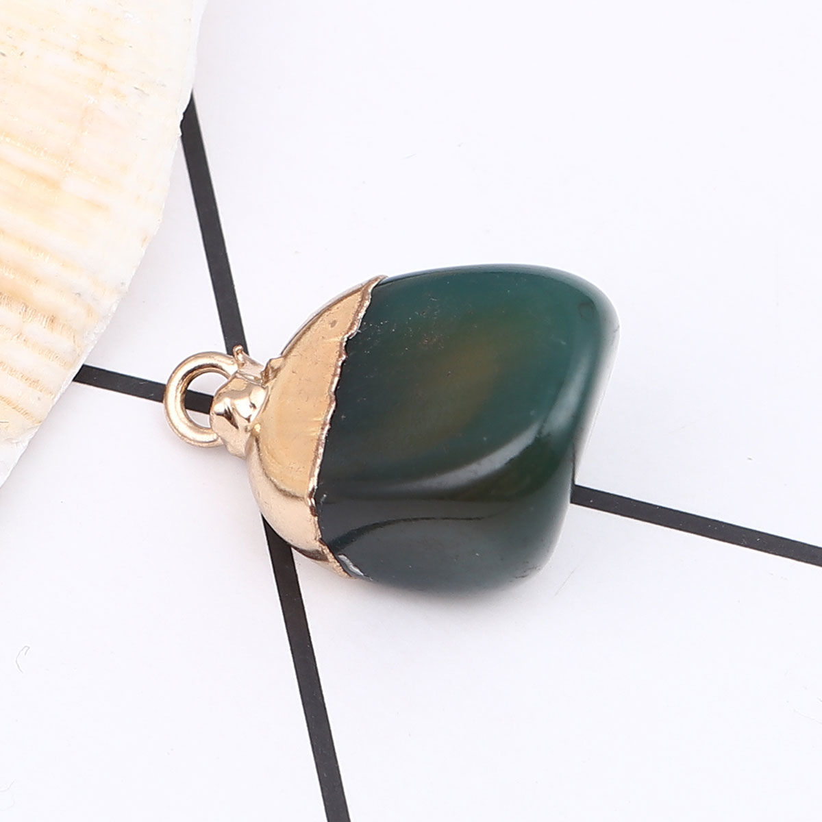 Picture of (Grade A) Agate ( Natural ) Charms Rectangle Gold Plated Dark Green 22mm x 14mm, 1 Piece