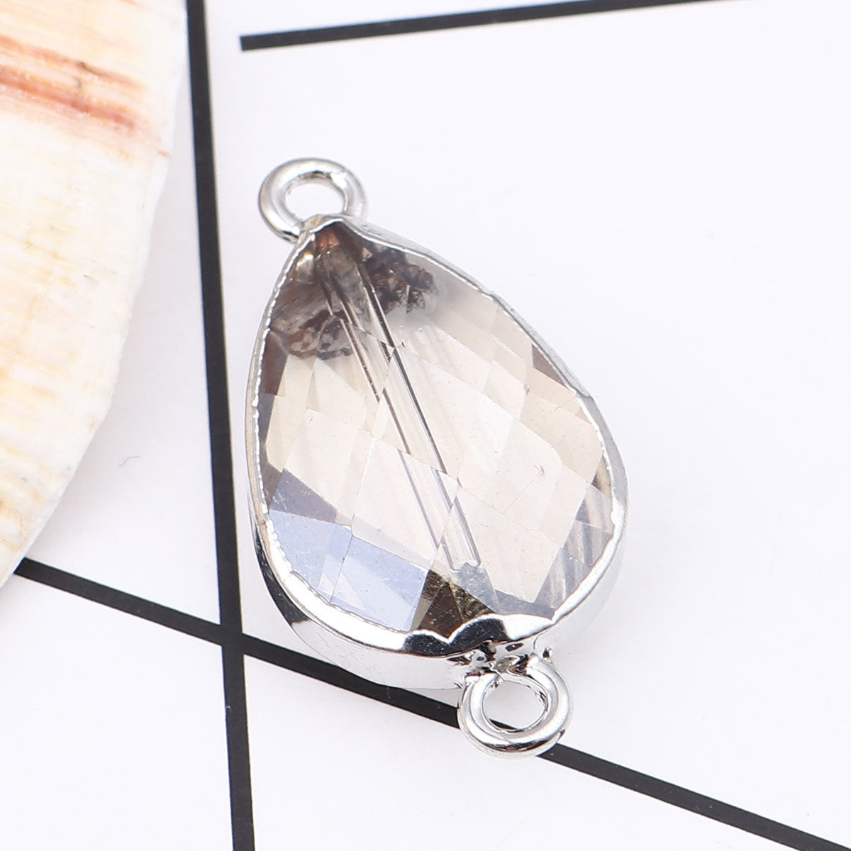 Picture of Natural Glass Connectors Drop Silver Tone Transparent Clear Faceted 3.3cm x 1.7cm, 1 Piece