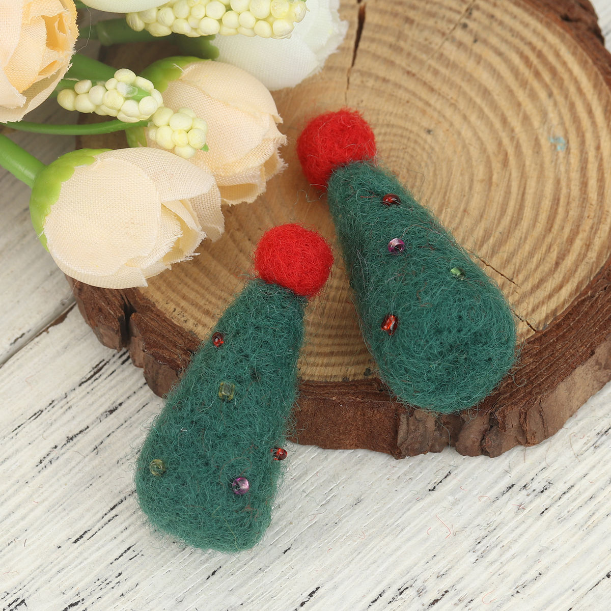 Imagen de Lana DIY Artesanía Verde Oscuro Árbol de Navidad 4.5cm x 2.1cm, 2 Unidades
