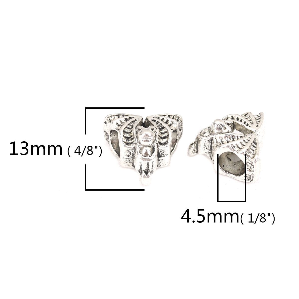 Picture of Zinc Based Alloy Beads Halloween Bat Animal Antique Silver Color About 13mm x 12mm, Hole: Approx 4.5mm, 40 PCs