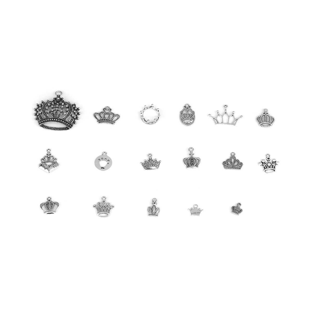 Picture of Zinc Based Alloy Pendants Crown Antique Silver Color Mixed 4cm x 4cm - 1cm x 1cm, 1 Set ( 17 PCs/Set)