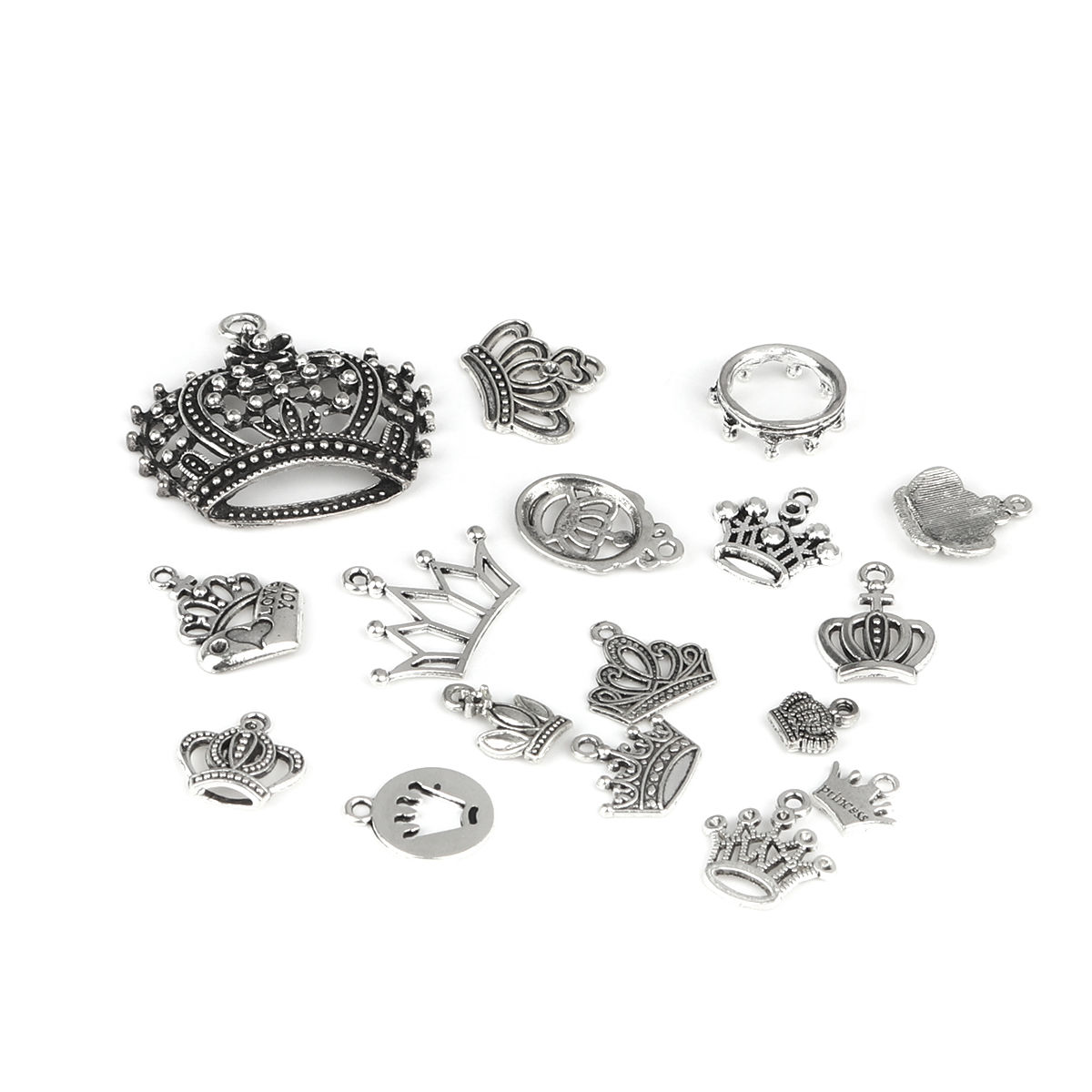 Picture of Zinc Based Alloy Pendants Crown Antique Silver Color Mixed 4cm x 4cm - 1cm x 1cm, 1 Set ( 17 PCs/Set)