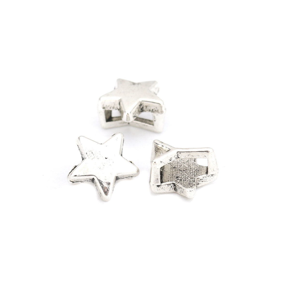 Picture of Zinc Based Alloy Slide Beads Pentagram Star Antique Silver Color About 9mm x 9mm, Hole:Approx 6.4mm x 2.1mm 100 PCs