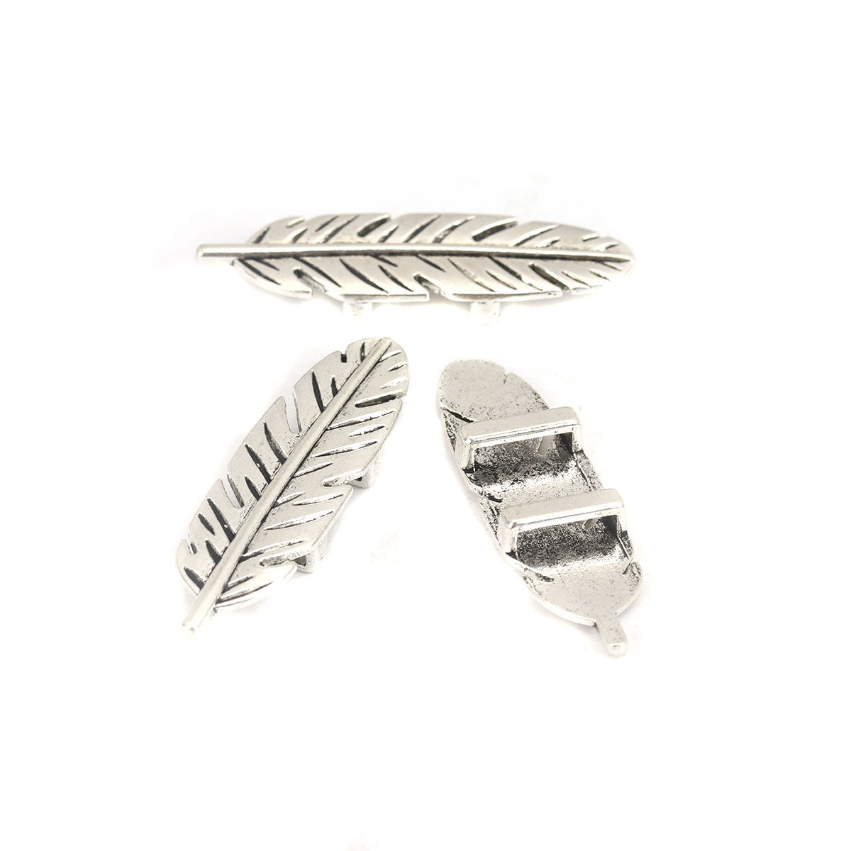 Picture of Zinc Based Alloy Slide Beads Feather Antique Silver Color About 4.7cm x 1.3cm, Hole:Approx 10.5mm x 2.4mm 20 PCs