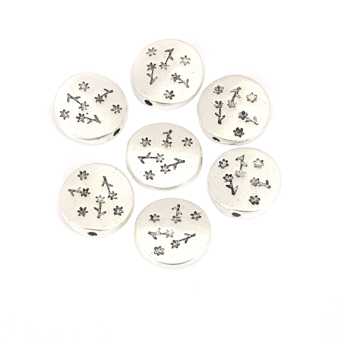 Picture of Zinc Based Alloy Beads Flat Round Antique Silver Color Flower About 15mm x 14mm, Hole: Approx 1.4mm, 10 PCs