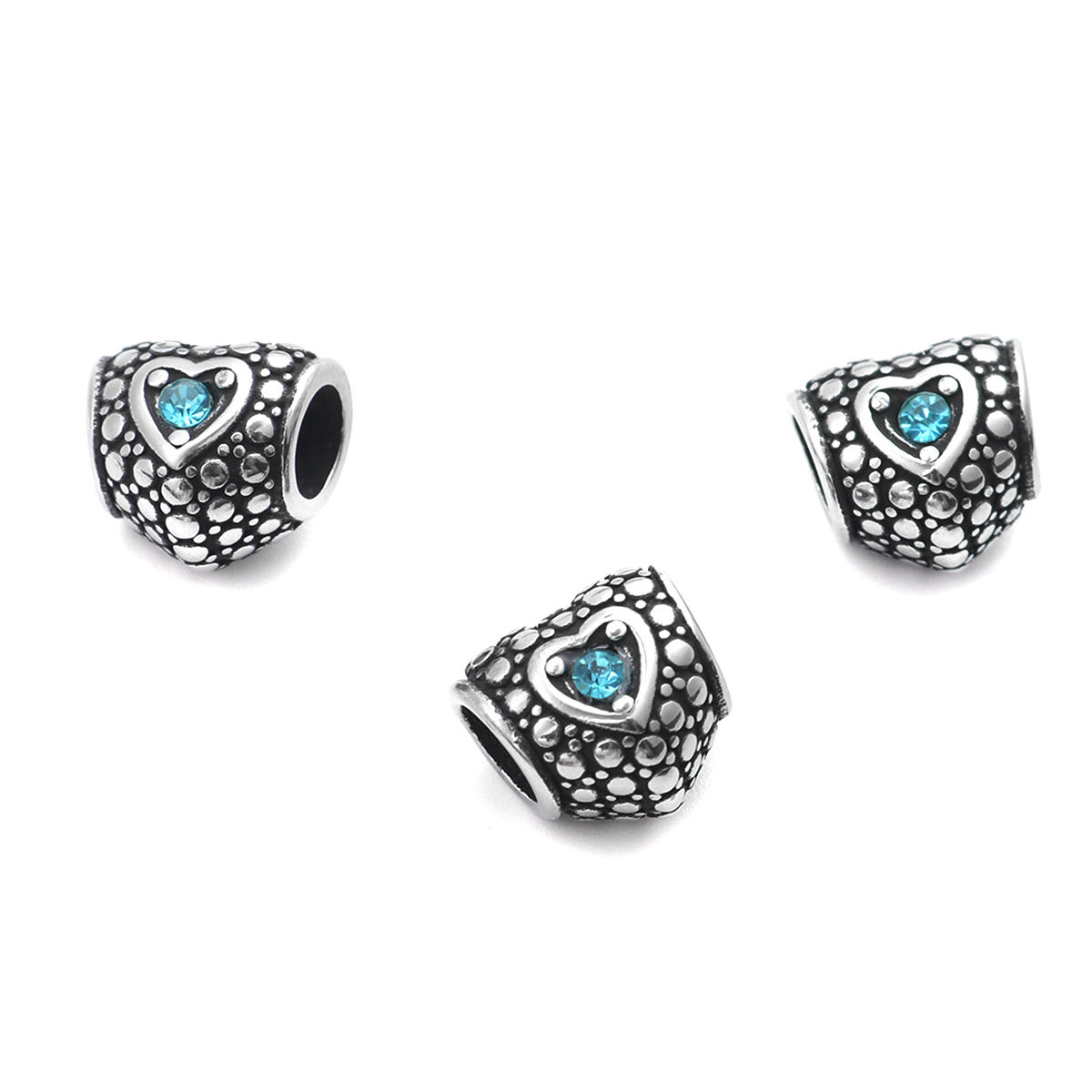 Picture of 1 Piece 304 Stainless Steel Valentine's Day European Style Large Hole Charm Beads Antique Silver Color Heart Dot Light Blue Rhinestone 11mm x 10mm, Hole: Approx 5mm