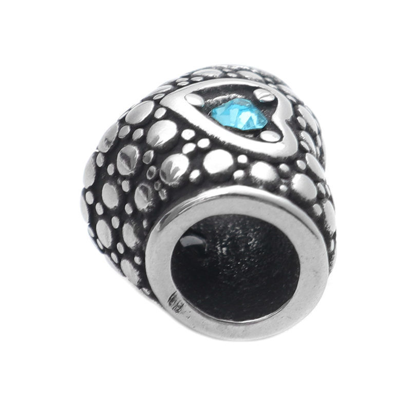 Picture of 1 Piece 304 Stainless Steel Valentine's Day European Style Large Hole Charm Beads Antique Silver Color Heart Dot Light Blue Rhinestone 11mm x 10mm, Hole: Approx 5mm