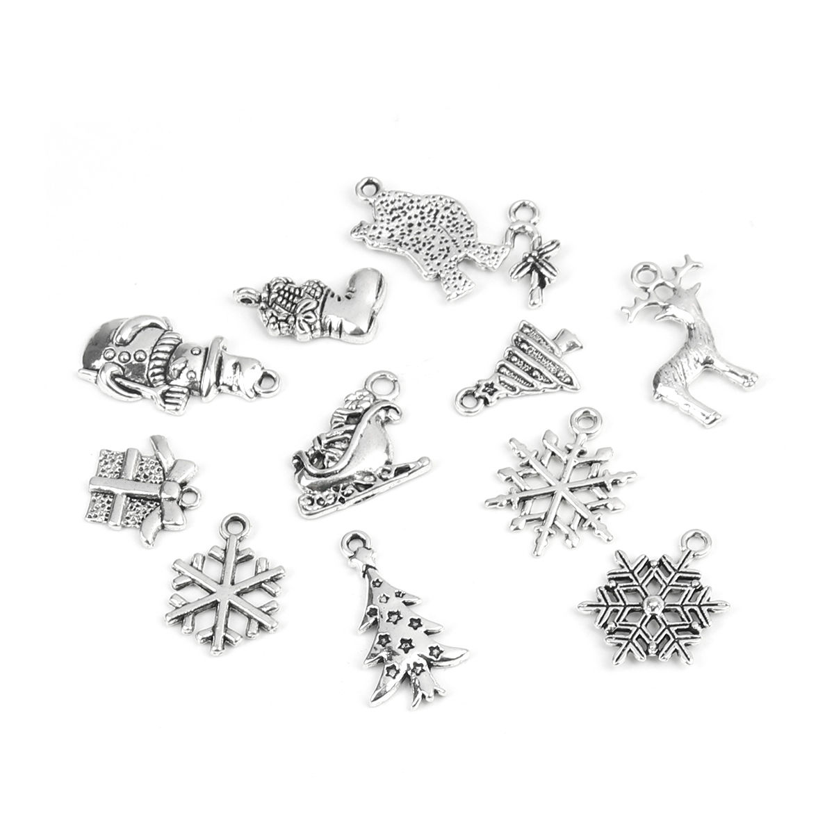 Picture of Zinc Based Alloy Charms Sika Deer Antique Silver Color Christmas Tree Mixed 27mm x 13mm - 17mm x 8mm, 1 Set ( 12 PCs/Set)