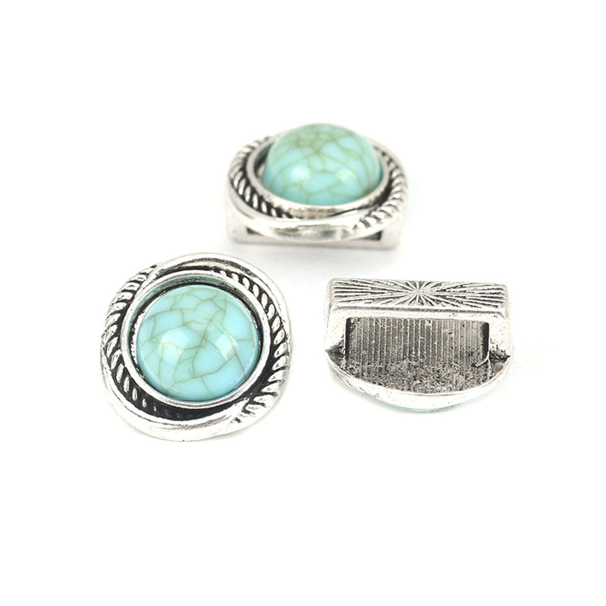 Picture of Zinc Based Alloy Slide Beads Irregular Antique Silver Color Green Blue About 16mm x 15mm, Hole:Approx 10.9mm x 2.7mm 5 PCs