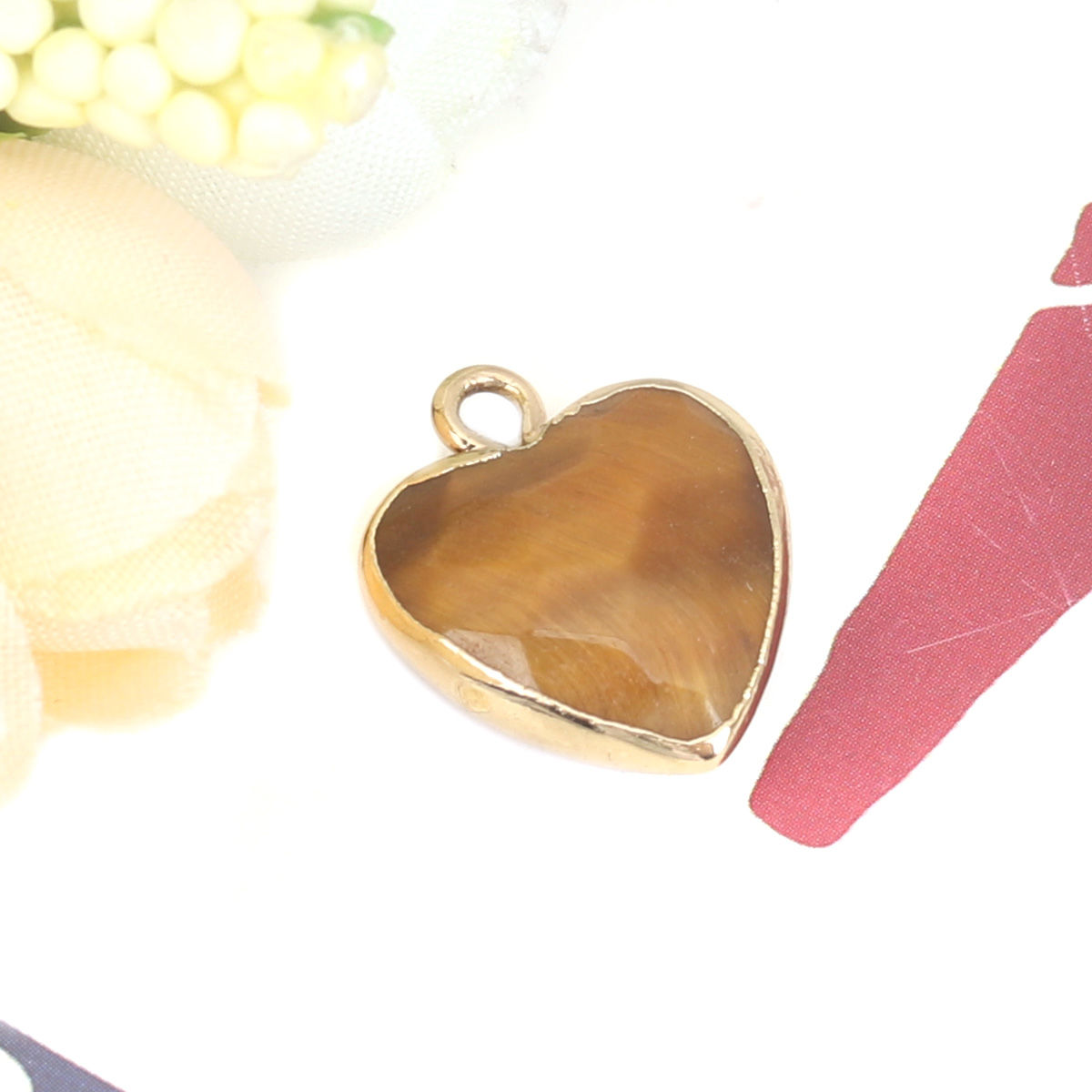 Picture of (Grade A) Tiger's Eyes ( Natural ) Charms Heart Gold Plated Brown Yellow Faceted 17mm x 14mm, 1 Piece