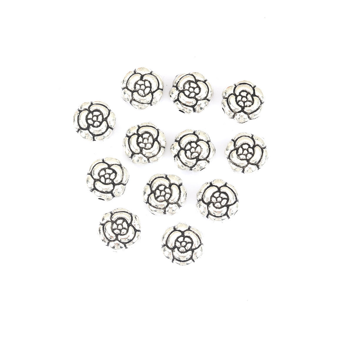 Picture of Zinc Based Alloy Beads Rose Flower Antique Silver Color About 11mm x 11mm, Hole: Approx 1.5mm, 25 PCs