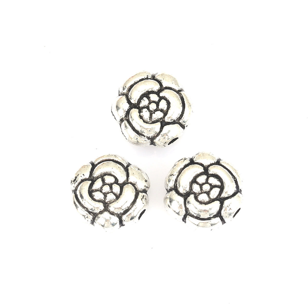 Picture of Zinc Based Alloy Beads Rose Flower Antique Silver Color About 11mm x 11mm, Hole: Approx 1.5mm, 25 PCs
