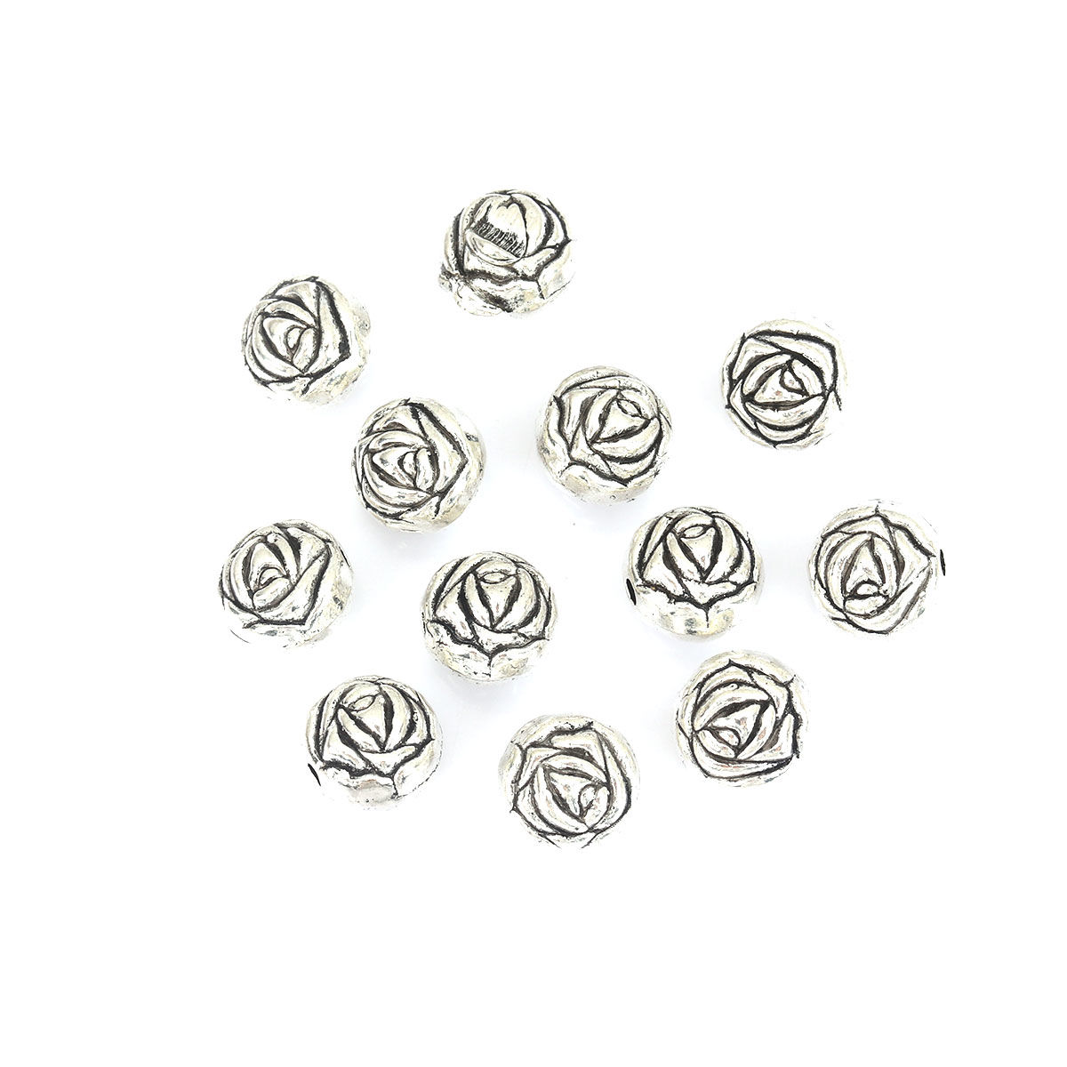 Picture of Zinc Based Alloy Beads Rose Flower Antique Silver Color About 10mm x 10mm, Hole: Approx 1.7mm, 20 PCs