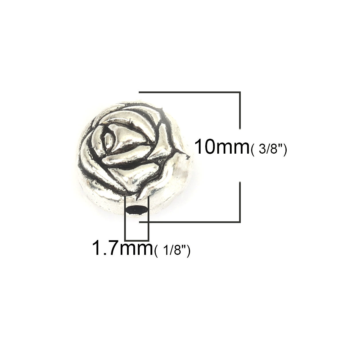 Picture of Zinc Based Alloy Beads Rose Flower Antique Silver Color About 10mm x 10mm, Hole: Approx 1.7mm, 20 PCs