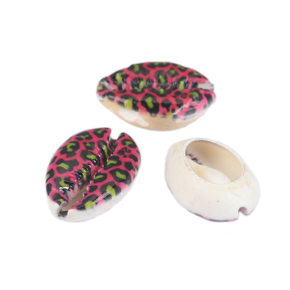 Picture of Natural Shell Loose Beads Conch/ Sea Snail Fuchsia & Black Leopard Print Pattern About 25mm x 17mm-18mm x 14mm, 10 PCs