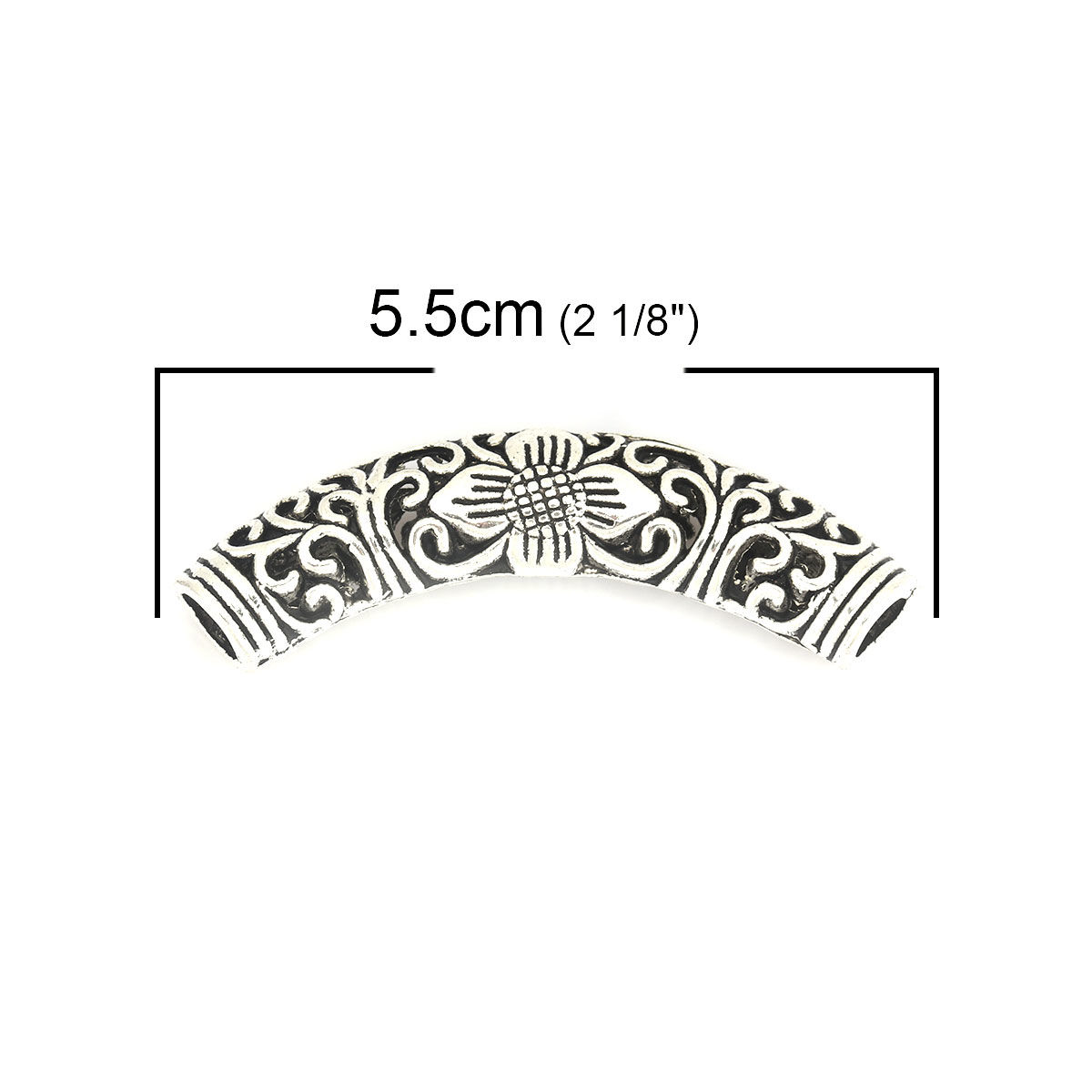 Picture of Zinc Based Alloy Spacer Beads Curved Tube Antique Silver Color Flower About 5.5cm x 1.6cm, Hole: Approx 5.1mm, 2 PCs