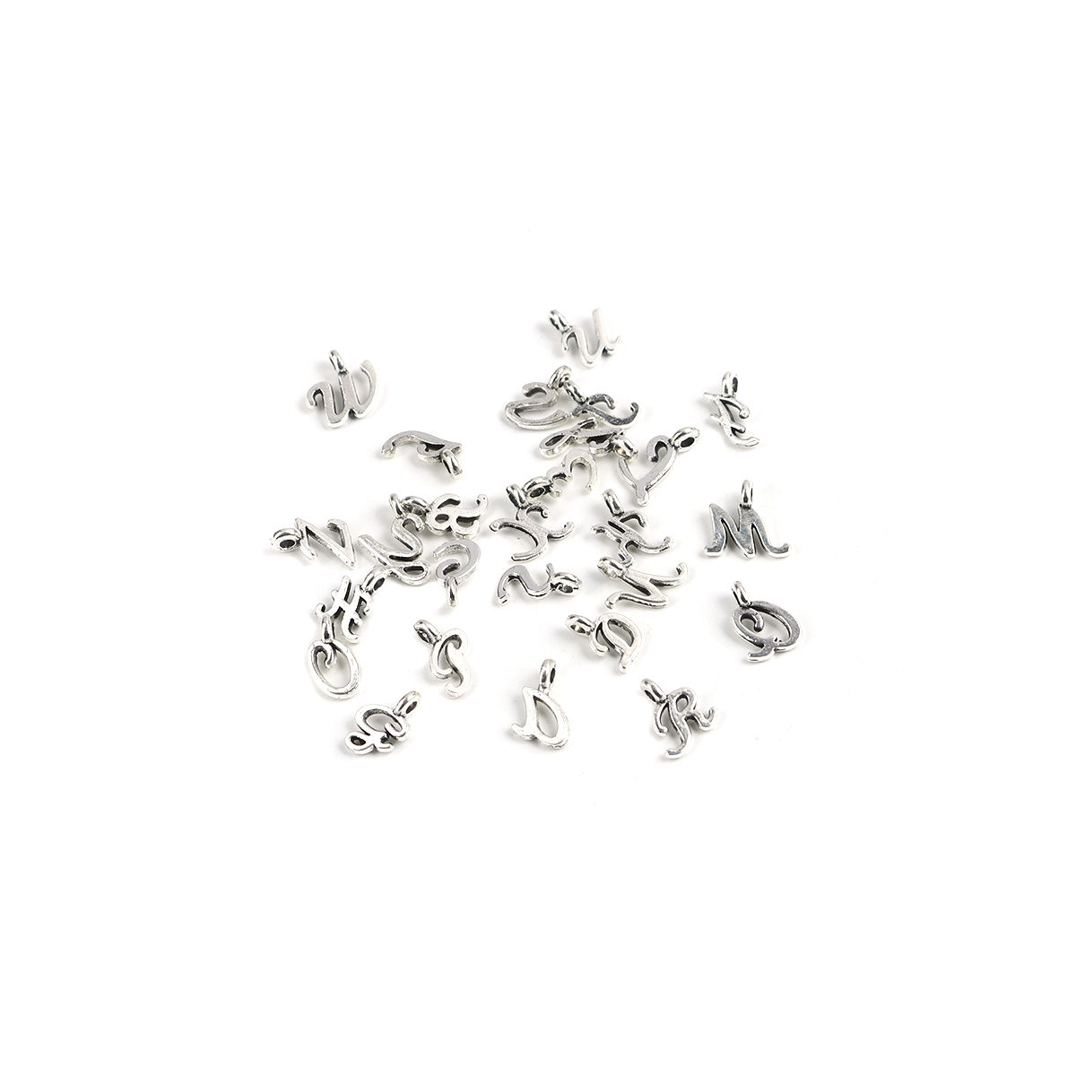 Picture of 1 Set ( 26 PCs/Set) Zinc Based Alloy Charms Antique Silver Color Capital Alphabet Initial Letter Message " A-Z " 11mm x 10mm