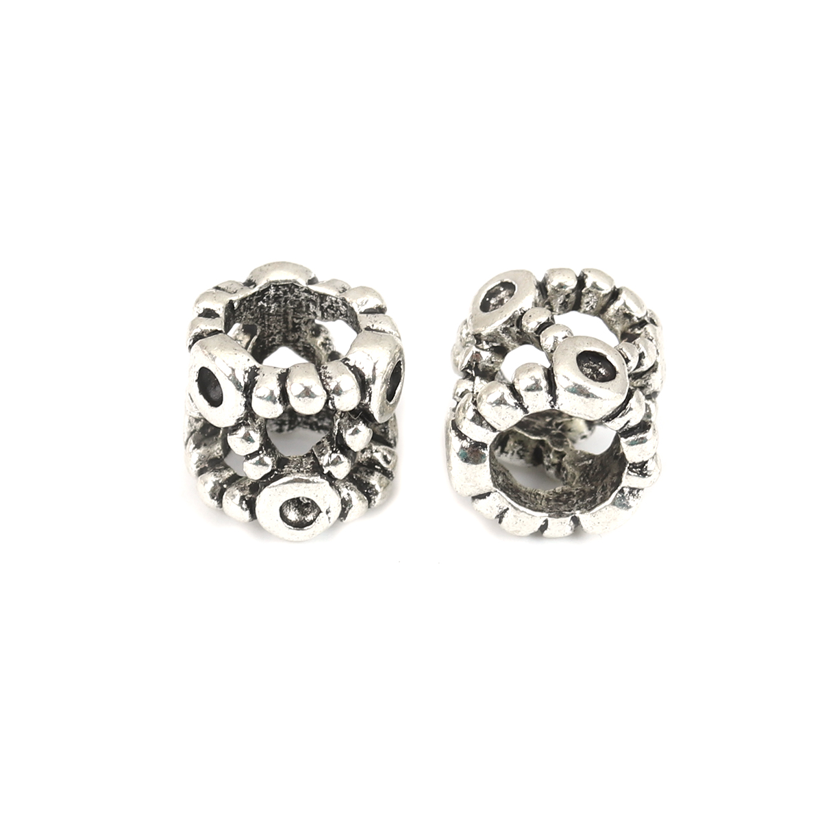 Picture of Zinc Based Alloy European Style European Style Large Hole Charm Beads Cylinder Antique Silver Color Filigree Inlaid diamonds About 10mm x 9mm, Hole: Approx 5.9mm, (Can Hold ss5 Pointed Back Rhinestone) 10 PCs