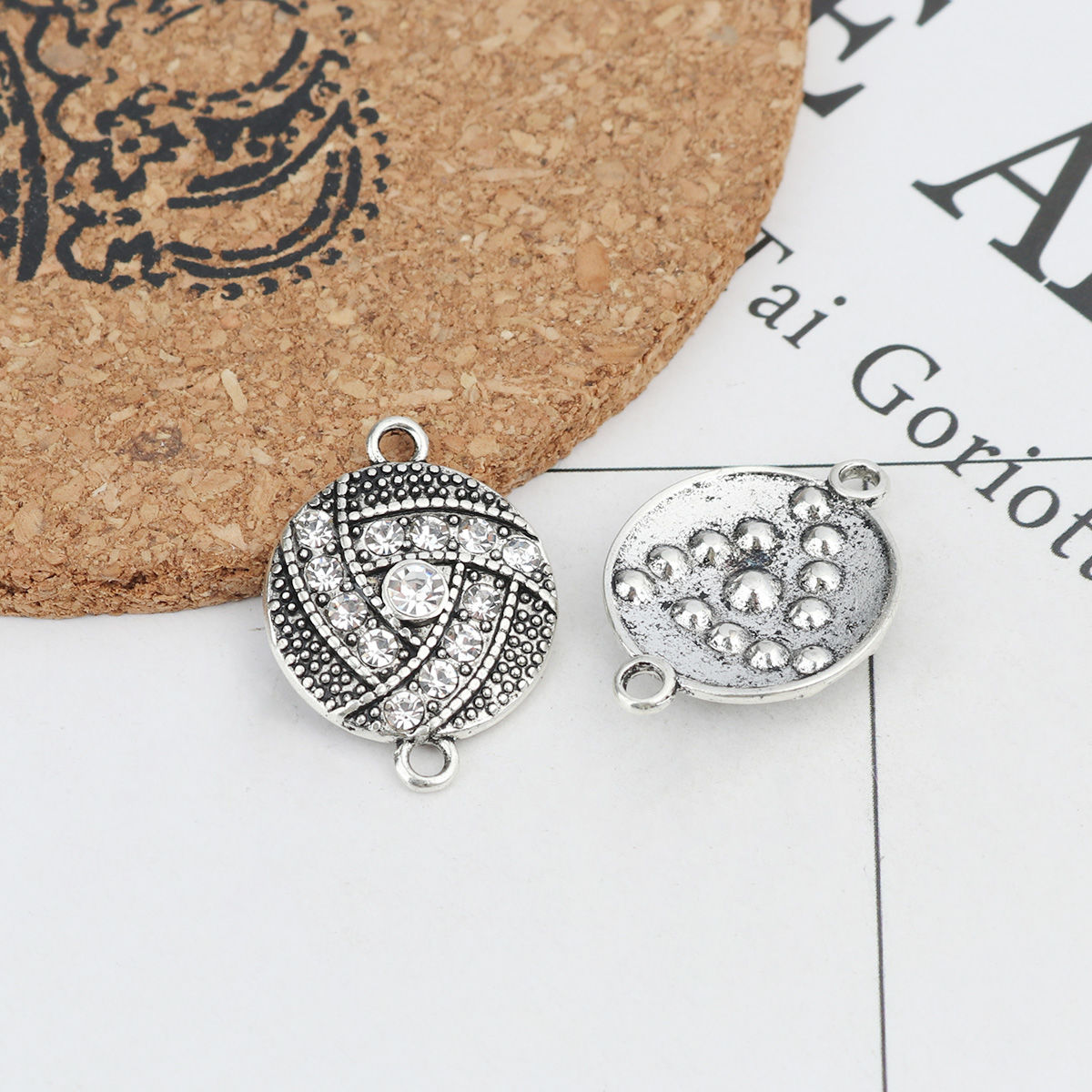 Imagen de Zamak Conectores Ronda Plata Antigua Transparente Rhinestone 27mm x 20mm, 4 Unidades
